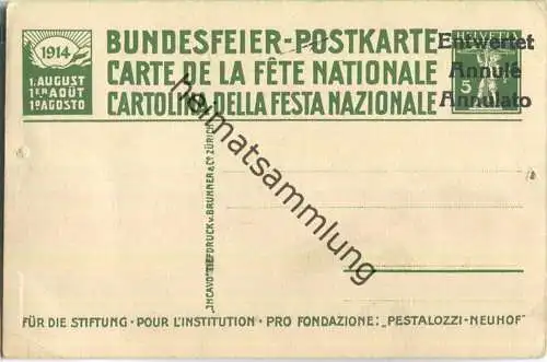 Bundesfeier-Postkarte 1914 - 5 Cts Pestalozzi und sein Enkel Gottlieb - Pestalozzi-Stiftung Neuhof - Entwertet