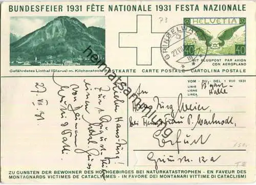 Bundesfeier-Postkarte 1931 - 40 Cts Gefährdetes Linthal - Carl Liner Senne mit zwei Ziegen