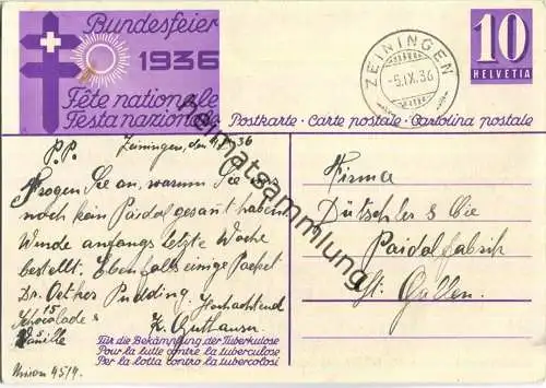 Bundesfeier-Postkarte 1936 - 10 Cts - Hans Zaugg Mädchen mit Lampion - Zugunsten der Tuberkulosebekämpfung