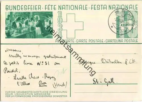 Bundesfeier-Postkarte 1934 - 10 Cts Haushaltsschule (am Kochherd) - Elly Bernet-Studer Augustfeuer