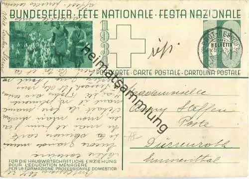 Bundesfeier-Postkarte 1934 - 10 Cts Fütterung der Hühner - M. Riggenbach Apfelschälendes Mädchen