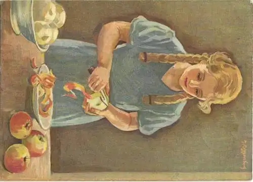 Bundesfeier-Postkarte 1934 - 10 Cts Fütterung der Hühner - M. Riggenbach Apfelschälendes Mädchen