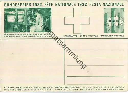 Bundesfeier-Postkarte 1932 - 10 Cts Mädchen an Webstuhl - B. Mangold Bundesfeierabend am Bielersee