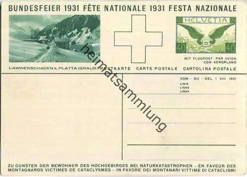 Bundesfeier-Postkarte 1931 - 40 Cts Lawinenschäden bei Platta - Carl Liner Senne mit zwei Ziegen