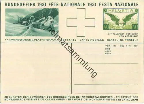 Bundesfeier-Postkarte 1931 - 40 Cts Lawinenschäden in Platta - P. Chiesa Knabe und Fahne
