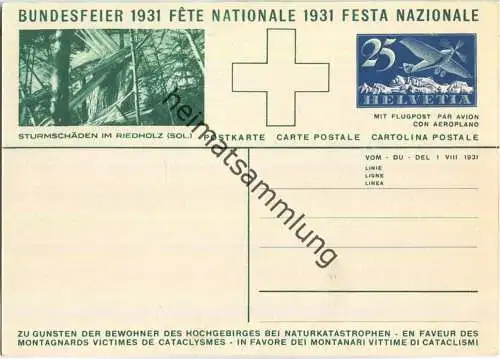 Bundesfeier-Postkarte 1931 - 25 Cts Sturmschäden im Riedholz - Carl Liner Senne mit zwei Ziegen
