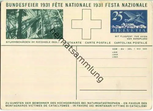Bundesfeier-Postkarte 1931 - 25 Cts Sturmschäden im Riedholz -  - P. Chiesa Knabe und Fahne