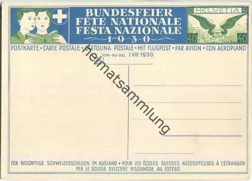 Bundesfeier-Postkarte 1930 - 40 Cts - Eric de Coulon Knabe auf der Schulbank