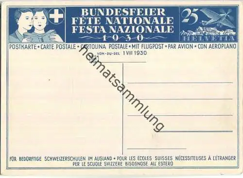 Bundesfeier-Postkarte 1930 - 25 Cts - Eric de Coulon Knabe auf der Schulbank