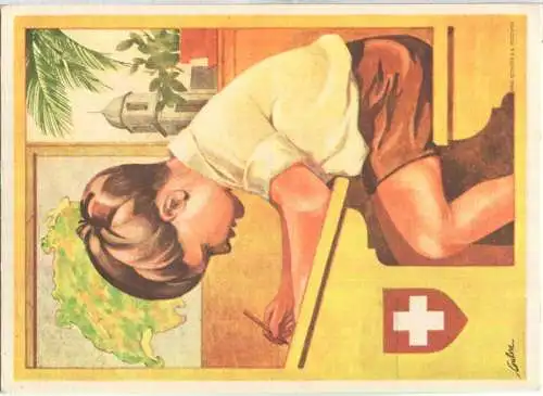 Bundesfeier-Postkarte 1930 - 25 Cts - Eric de Coulon Knabe auf der Schulbank