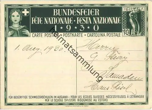 Bundesfeier-Postkarte 1930 - 10 Cts - MP. Verneuil Augustfeuer - Zugunsten bedürftiger Schweizerschulen im Ausland