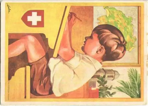 Bundesfeier-Postkarte 1930 - 10 Cts - Eric de Coulon Knabe auf der Schulbank
