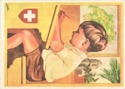 Bundesfeier-Postkarte 1930 - 10 Cts - Eric de Coulon Knabe auf der Schulbank