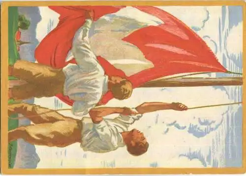Bundesfeier-Postkarte 1929 - 10 Cts - J. Courvoisier Zwei Knaben hissen Banner