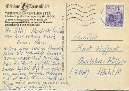 Krems Stein - Weinstube Kremsmünster Inhaber Erich und Ingeborg Hamböck - AK Grossformat gel.