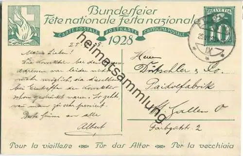 Bundesfeier-Postkarte 1928 - 10 Cts - Prof. Ed. Renggli Alter Mann mit Mädchen  - Zugunsten des Alters - gelaufen