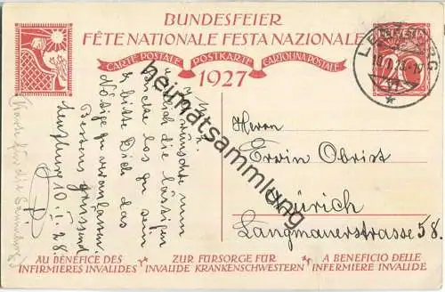 Bundesfeier-Postkarte 1927 - 20 Cts - Carl Liner Knabe mit Fahne - Zugunsten invalider Krankenschwestern - gelaufen