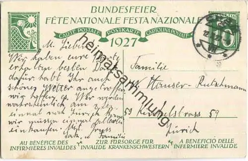 Bundesfeier-Postkarte 1927 - 10 Cts - Carl Liner Knabe mit Fahne - Zugunsten invalider Krankenschwestern - gelaufen