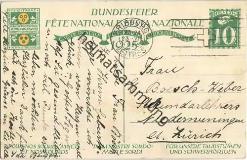 Bundesfeier-Postkarte 1925 - 10 Cts - G. Jeanneret Zeichnender Knabe - Zugunsten der Taubstummen - gelaufen