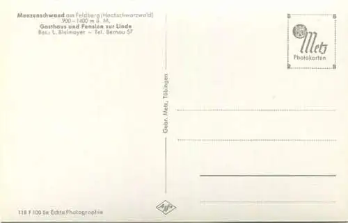 Menzenschwand - Gasthaus und Pension zur Linde Besitzer L. Bleimayer - Foto-AK - Verlag Gebr. Metz Tübingen