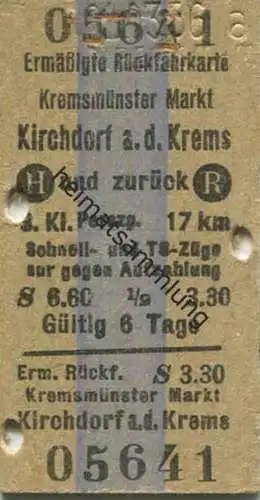 Österreich - Kremsmünster Markt Kirchdorf a. d. Krems und zurück - Ermäßigte Rückfahrkarte - Fahrkarte 3. Kl. Personenzu