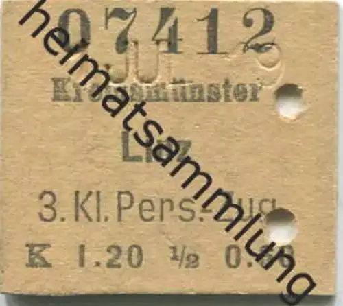 Österreich - Kremsmünster Linz - 1/2 Fahrkarte 3.Kl. Personenzug K 1.20 1911