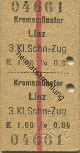 Österreich - Kremsmünster Linz - Fahrkarte 3.Kl. Schnellzug K 1.60 1913