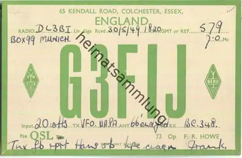 QSL - QTH - Funkkarte - G3FIJ - Colchester - 1949