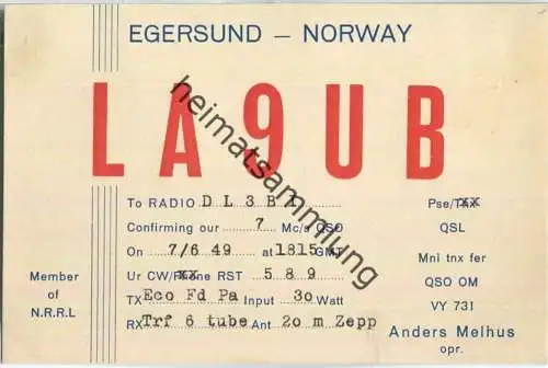 QSL - QTH - Funkkarte - LA9UB - Norway - Egersund - 1949