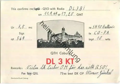 QSL - QTH - Funkkarte - DL3KT - Coburg - 1949