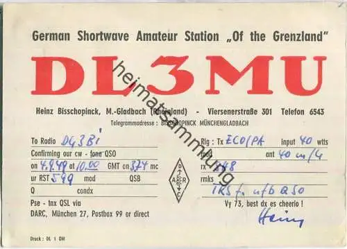 QSL - QTH - Funkkarte - DL3MU - Mönchengladbach - 1949