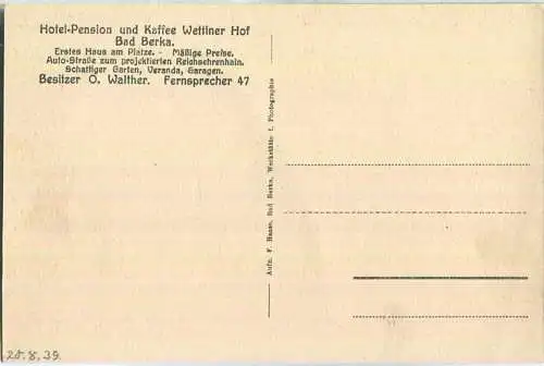 Bad Berka - Hotel Wettiner Hof am Reichsehrenhain - Besitzer O. Walther - Verlag F. Haase Bad Berka 30er Jahre