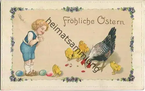 Fröhliche Ostern - Huhn - Küken - Kind - Prägedruck