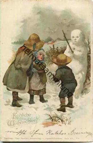 Fröhliche Weihnachten - Kinder - Schneemann - Verlag Theo Stroefer Nürnberg Aquarell-Postkarte