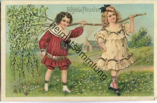 Fröhliche Pfingsten - Kinder mit einem Birkenzweig - Goldprägedruck