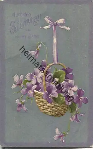 Herzlichen Glückwunsch zum neuen Jahre - Korb mit Veilchen - Prägedruck
