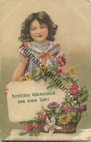 Neujahr - Mädchen mit Blumenkorb - Prägekarte
