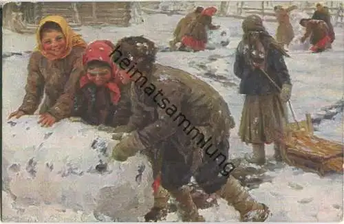 Winter im Dorf - Russische Kuenstlerkarte - signiert F. Sitschkoff - Kinder beim Schneemann rollen und Schlittenfahren