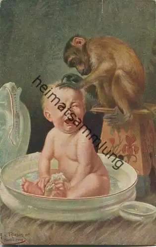 Baby und Affe - Unerbetener Liebesdienst - signiert A. v. Riesen 1908