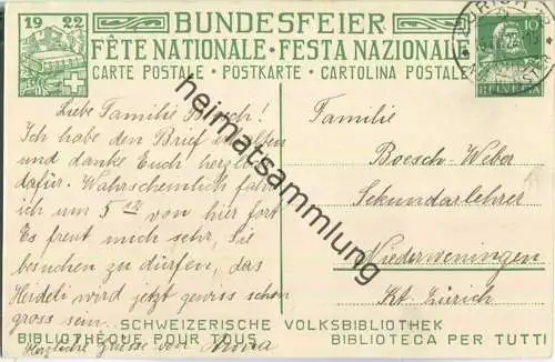Bundesfeier-Postkarte 1922 - 10 Cts - P. Chiesa Vater dem Sohn vorlesend - Zugunsten der Schweiz. Volksbibliotheken