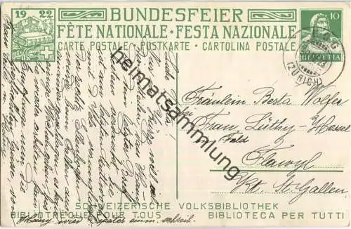 Bundesfeier-Postkarte 1922 - 10 Cts - D. Hauth Das Buch - Zugunsten der Schweiz. Volksbibliotheken - gelaufen