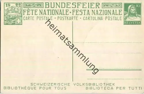 Bundesfeier-Postkarte 1922 - 10 Cts - D. Hauth Das Buch - Zugunsten der Schweiz. Volksbibliotheken