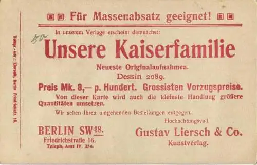 Preussen - Unsere Kaiserfamilie - Verlagswerbekarte der Firma Gustav Liersch & Co. Berlin