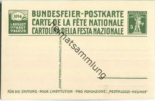 Bundesfeier-Postkarte 1914 - 5 Cts Pestalozzis Gattin Anna - Pestalozzi-Stiftung Neuhof