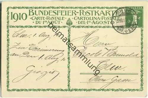 Bundesfeier-Postkarte 1910 - 5 Cts - Die Wächter der Heimat - pro patria - gelaufen am 01. August