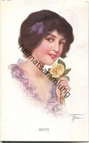 Hetty - Frau mit Blume - Künstlerkarte signiert F. Bedi