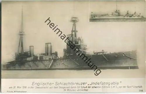 Indefategable - Englischer Schlachtkreuzer - Foto-AK - Verlag F. Finke Wilhelmshaven
