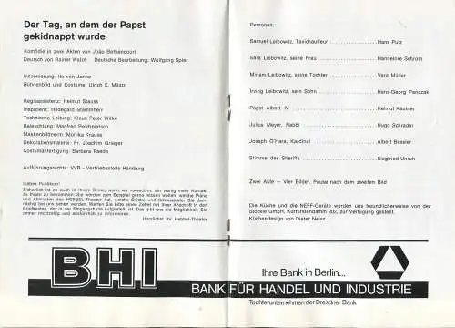 Theaterprogramm - Hebbel-Theater Berlin 1973 - Leitung Hela Gerber-Külüs - Komödie "Der Tag, an dem der Papst gekidnappt