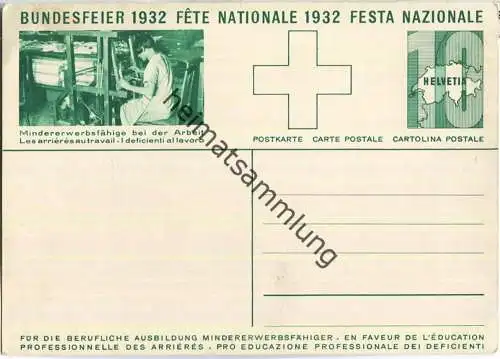 Bundesfeier-Postkarte 1932 - 10 Cts - Für die berufliche Ausbildung Mindererwerbsfähiger - Mädchen - Bundesfeierabend