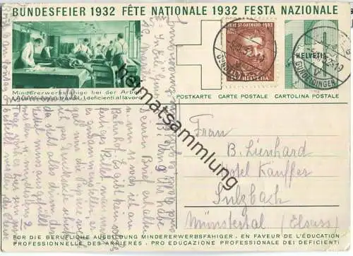 Bundesfeier-Postkarte 1932 - 10 Cts - Für die berufliche Ausbildung Mindererwerbsfähiger - Schneider - Bundesfeierabend
